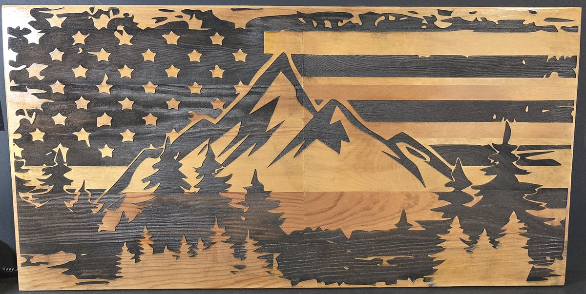 American Flag and Mountains with Trees Wood Wall Decor