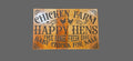 A rustic wooden sign with hand-painted black lettering that reads 'CHICKEN FARM HAPPY HENS FREE RANGE FRESH EGGS BABY CHICKS FOR SALE' on a dark gray background.